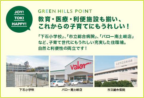 GREEN HILLS POINT 教育・医療・利便施設も揃い、 これからの子育てにもうれしい！ 「下石小学校」、「市立総合病院」、「バロー南土岐店」 など、子育て世代にもうれしい充実した住環境。 自然と利便性の両立です！